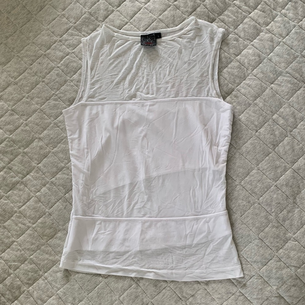 Vintage 90s/Y2K MCM white mesh asymmetrical sleeveless going out tank top